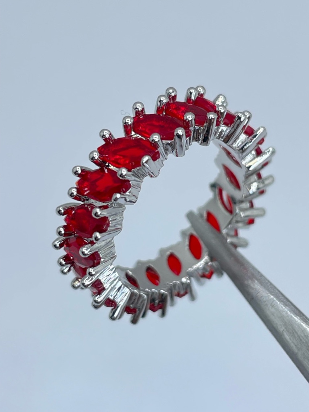 Ruby Red Marquise Cut CZ Eternity Band Silver Stackable Statement Ring Art Deco
